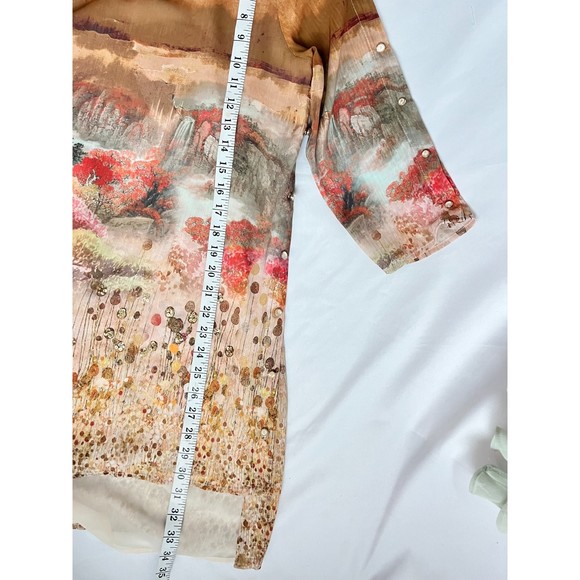 V Cristina Colorful Tunic Blouse sze L Pearls Scenery Novelty 3/4 Sleeve Chiffon - Picture 8 of 8